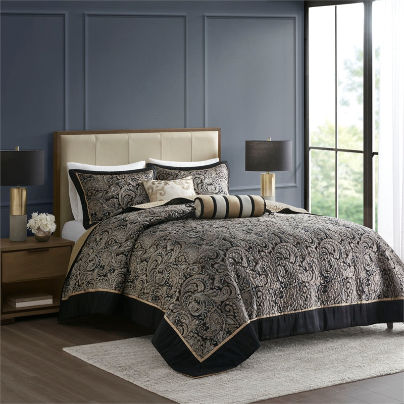Pemberly Row 5-Piece Cotton Reversible Jacquard Bedspread Set in Black