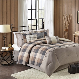 Pemberly Row Contemporary 7 Piece Herringbone Comforter Set in Neutral