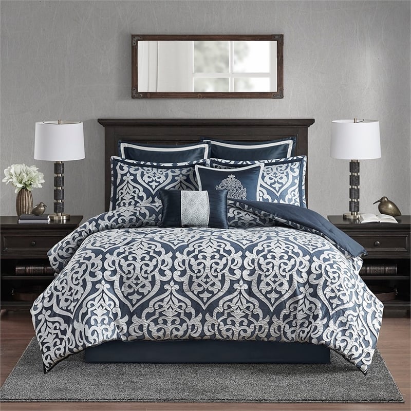 Pemberly Row Contemporary 8 Piece Jacquard Comforter Set in Navy