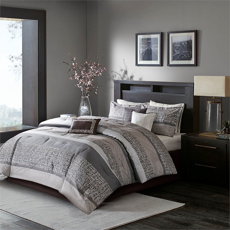 Pemberly Row Contemporary 7 Piece Jacquard Comforter Set in Gray/Taupe