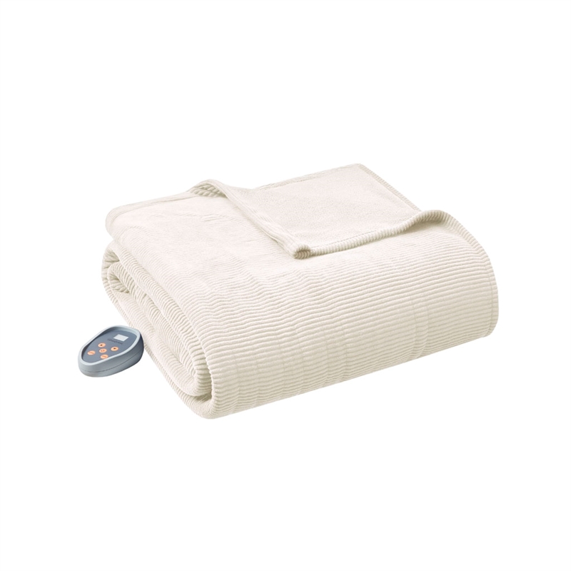 Pemberly Row Contemporary Electric Micro Fleece Heated Blanket in Beige