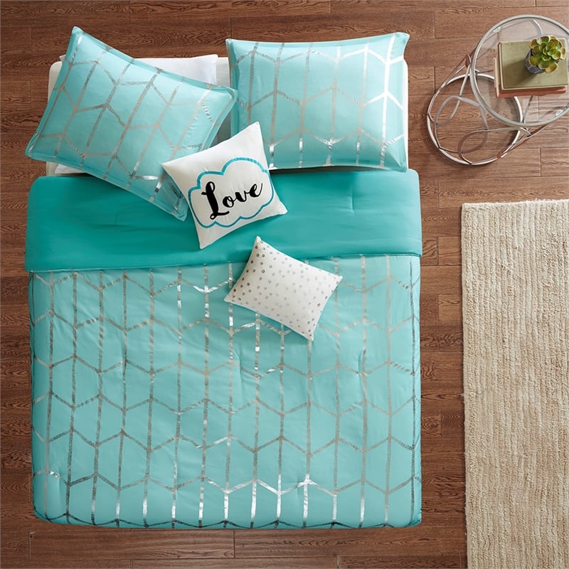 Pemberly Row Metallic Printed Comforter Set in Aqua and Silver