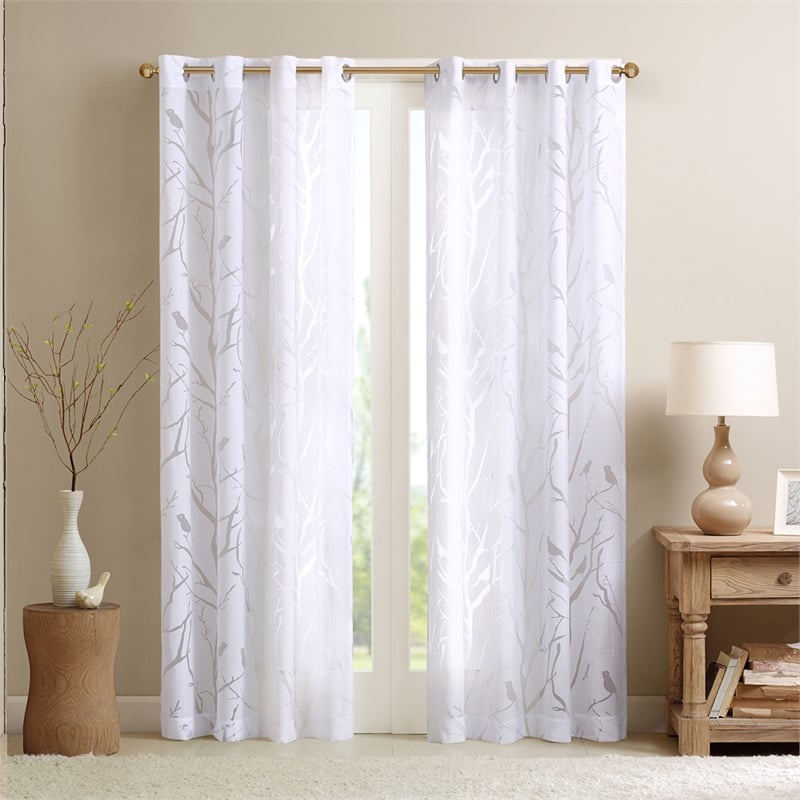 Pemberly Row Grommet Top Sheer Bird on Branches Burnout Window Curtain