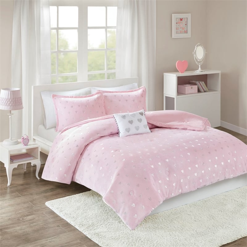 Pemberly Row Metallic Printed Plush Comforter Set in Pink and Silver