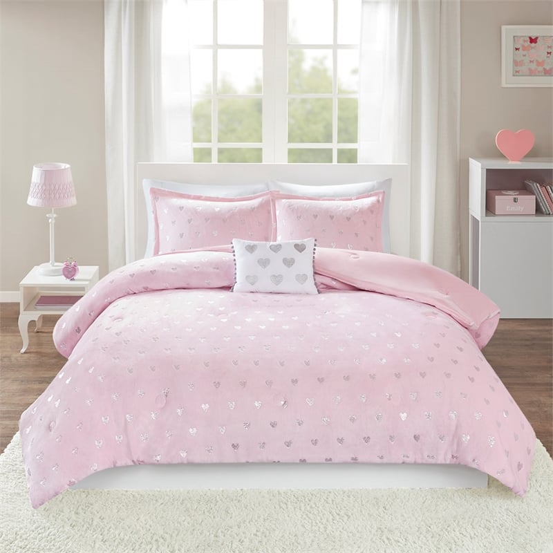 Pemberly Row Metallic Printed Plush Comforter Set in Pink and Silver