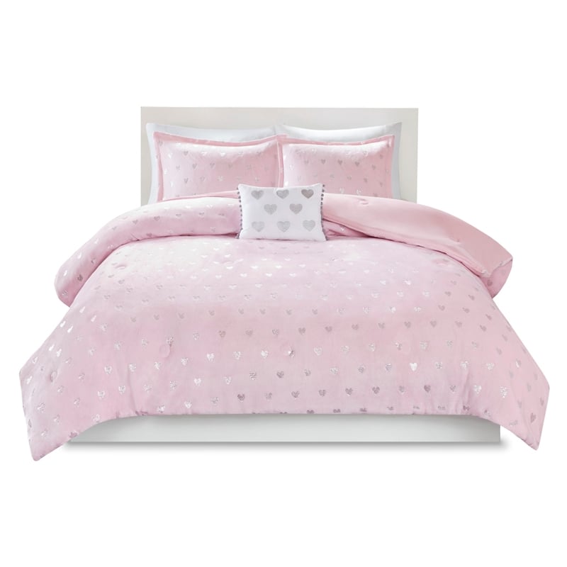 Pemberly Row Metallic Printed Plush Comforter Set in Pink and Silver