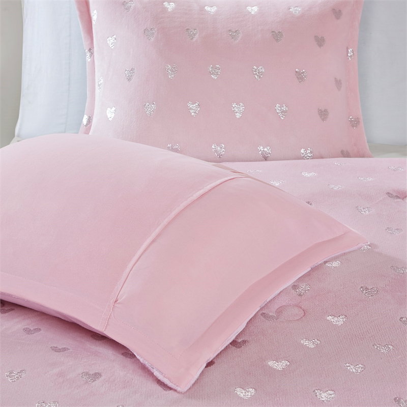 Pemberly Row Metallic Printed Plush Comforter Set in Pink and Silver