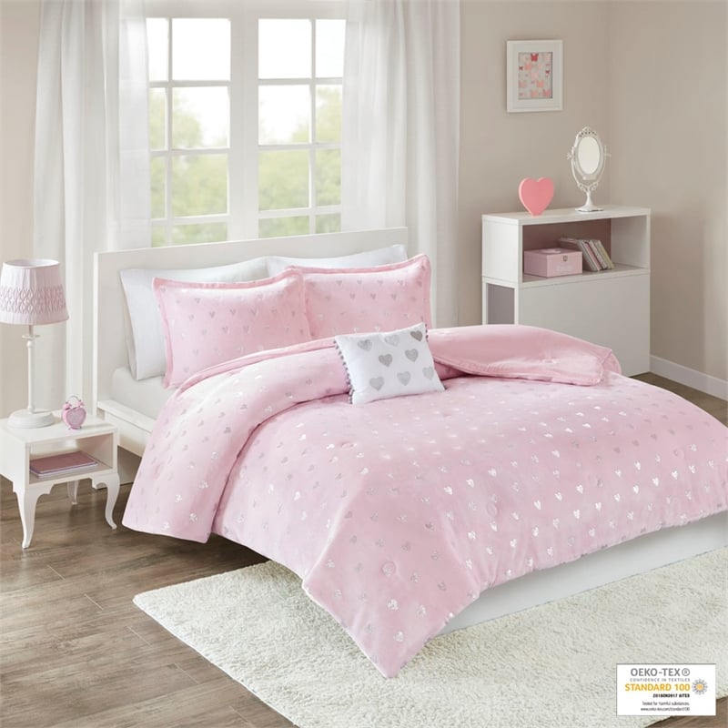 Pemberly Row Metallic Printed Plush Comforter Set in Pink and Silver