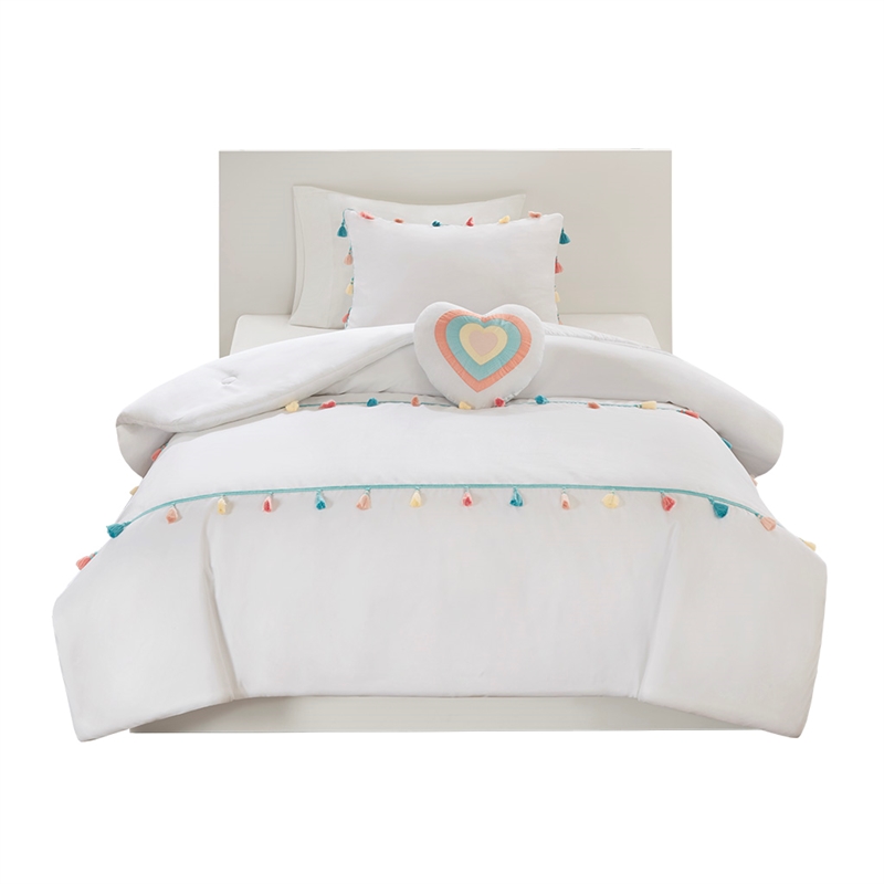 Pemberly Row Tassel Comforter Set with Heart Shaped Throw Pillow in White