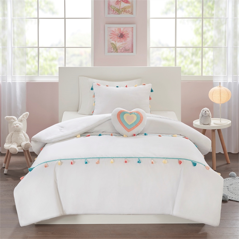 Pemberly Row Tassel Comforter Set with Heart Shaped Throw Pillow in White