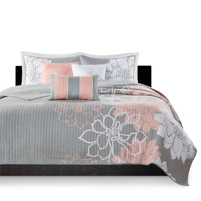 Pemberly Row 6-Piece Cotton Quilt Set with Throw Pillows in Gray/Blush