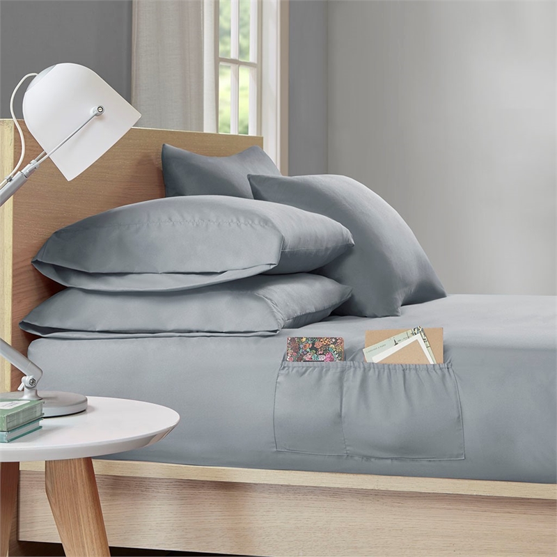 Pemberly Row Microfiber Sheet Set with Side Storage Pockets in Gray