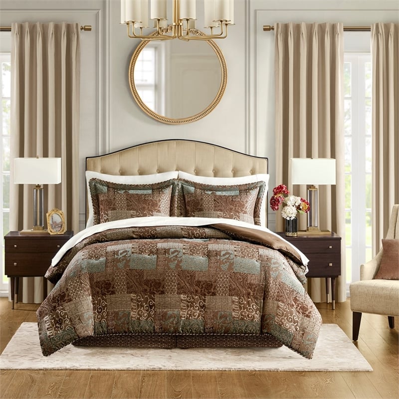 Pemberly Row Contemporary 4 Piece Brown Comforter Set in Brown Queen