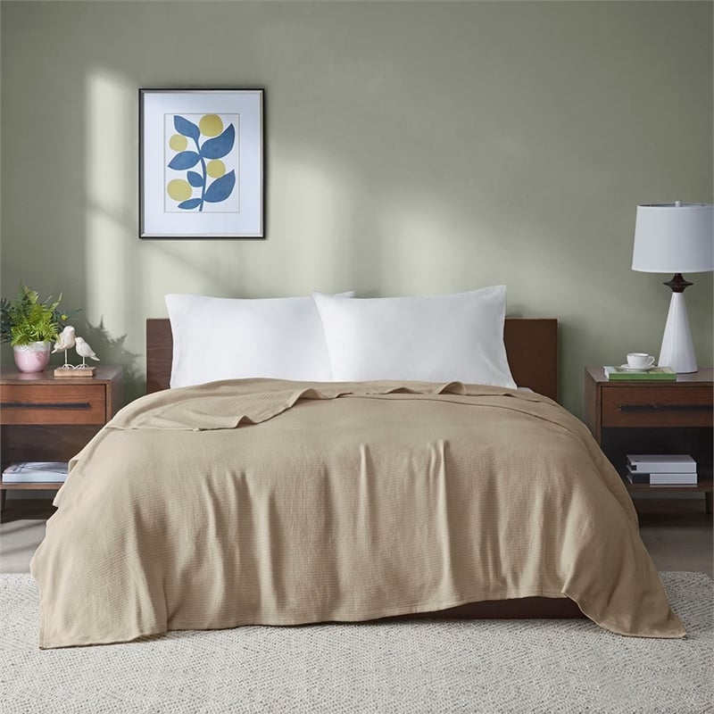 Pemberly Row Contemporary Basketweave Cotton Blanket in Khaki King