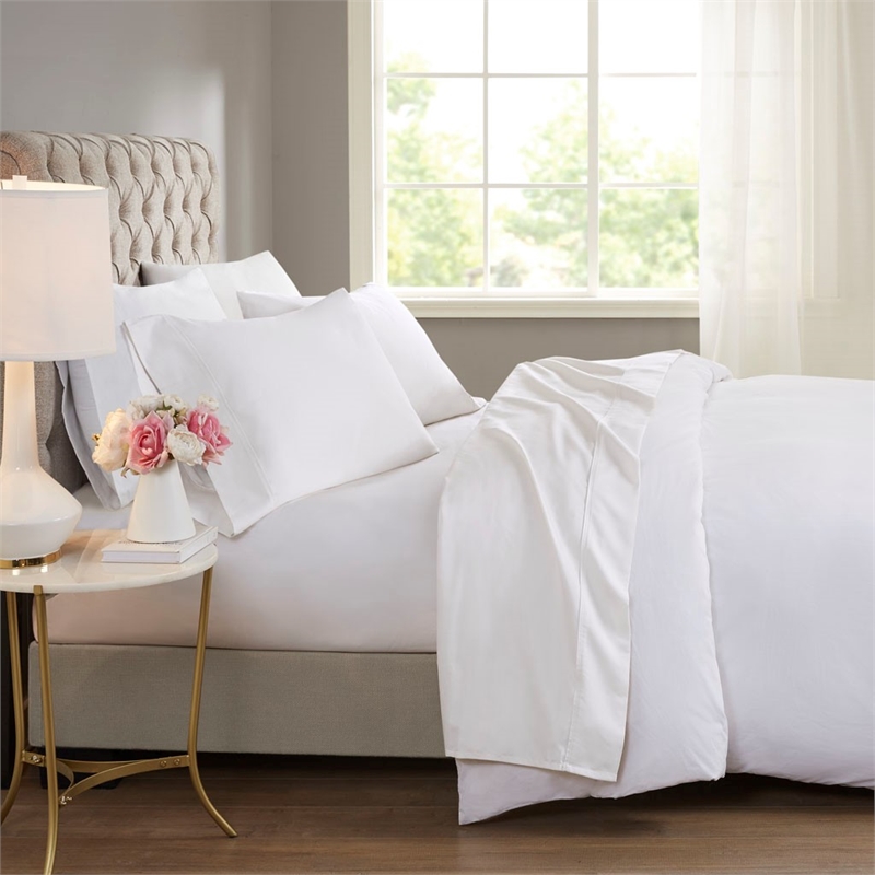Pemberly Row 600 Thread Count Cooling Cotton Blend 4 PC Sheet Set in White Full