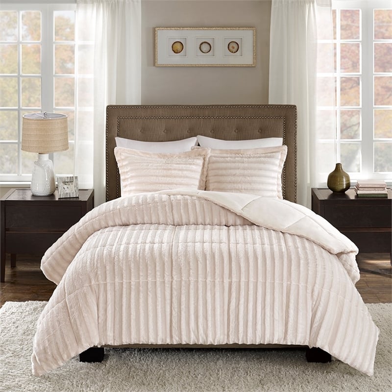Pemberly Row Faux Fur Comforter Mini Set in Champagne Full/Queen