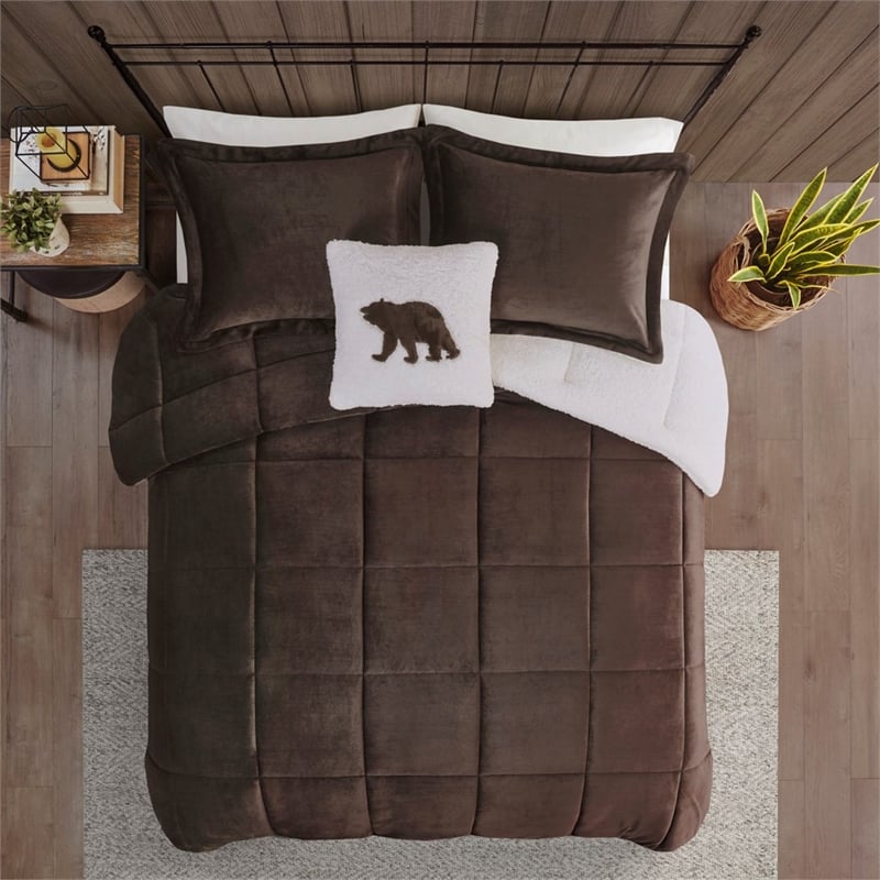 Pemberly Row Plush Sherpa Down Alternative Comforter Set-Brown/Ivory Full/Queen