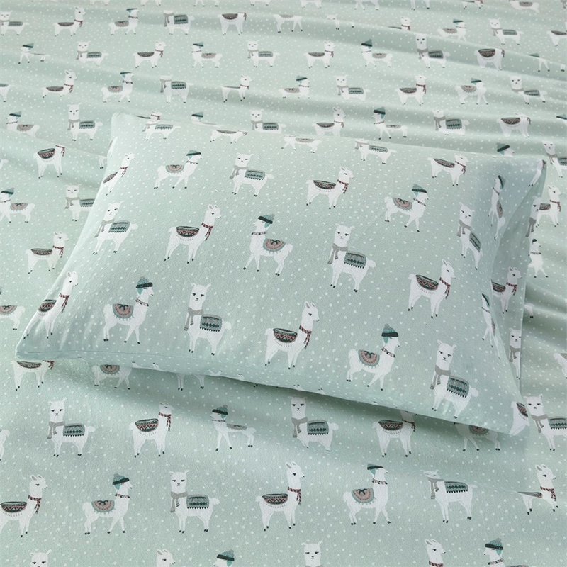 Pemberly Row Flannel Printed Sheet Set in Seafoam Llama Full