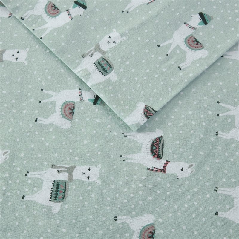 Pemberly Row Flannel Printed Sheet Set in Seafoam Llama Full