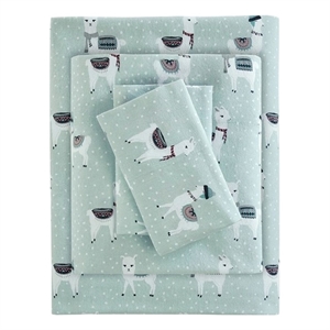 Pemberly Row Flannel Printed Sheet Set in Seafoam Llama Full