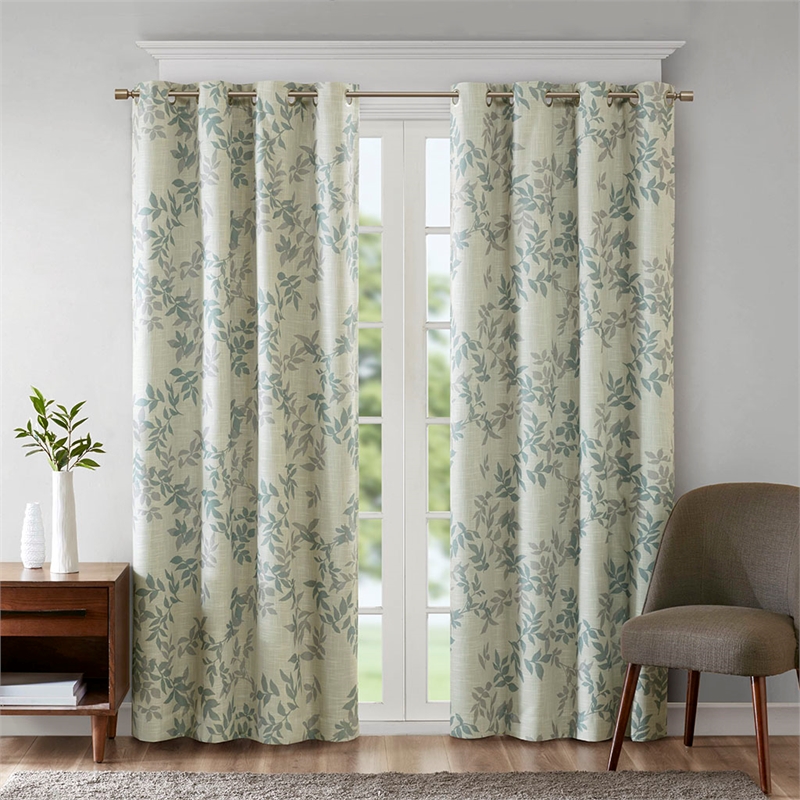 Pemberly Row Contemporary Fabric Printed Botanical Blackout Panel in Aqua