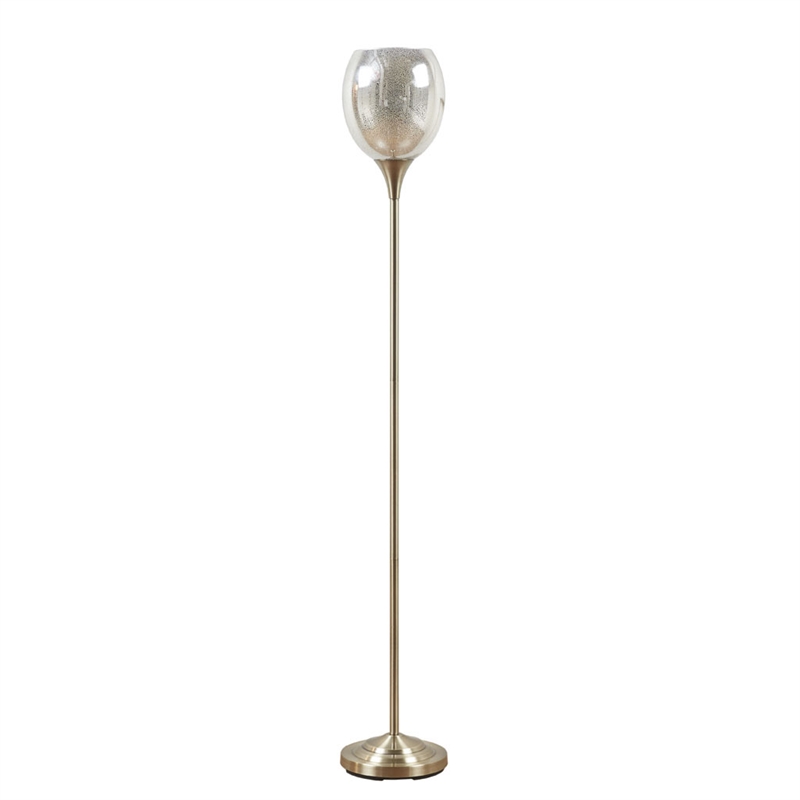 Pemberly Row Iron Metal Floor Lamp with Glass Shade in Antique Brass