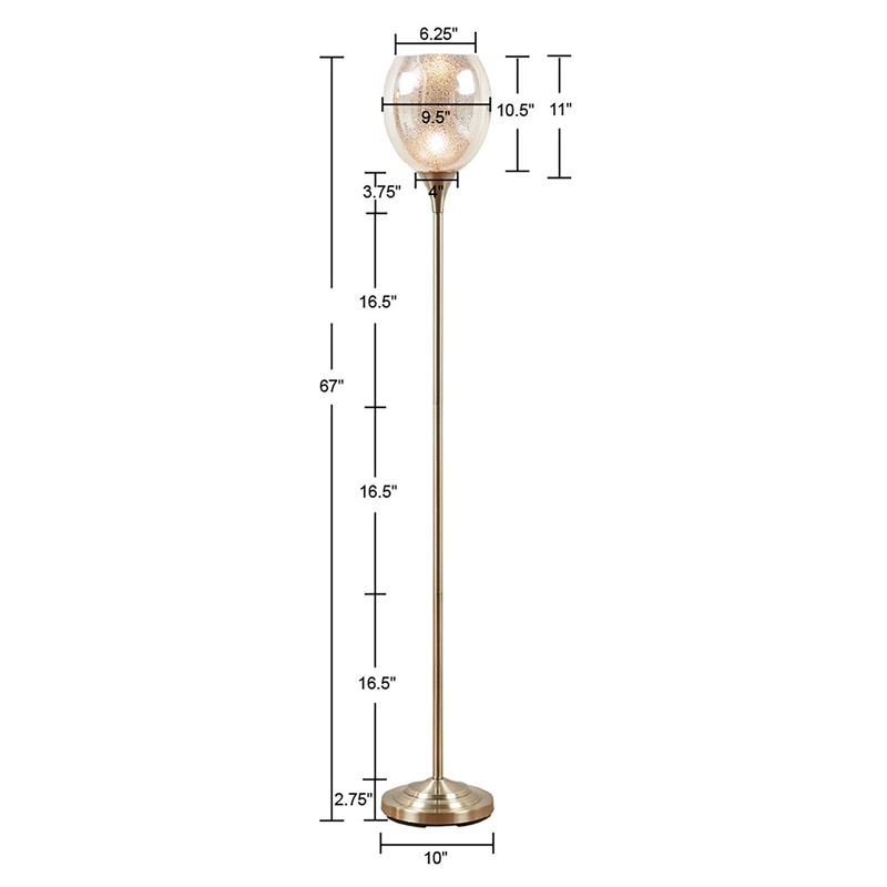 Pemberly Row Iron Metal Floor Lamp with Glass Shade in Antique Brass