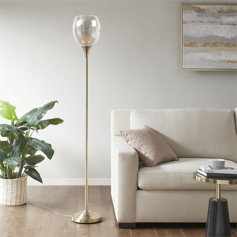 Pemberly Row Iron Metal Floor Lamp with Glass Shade in Antique Brass
