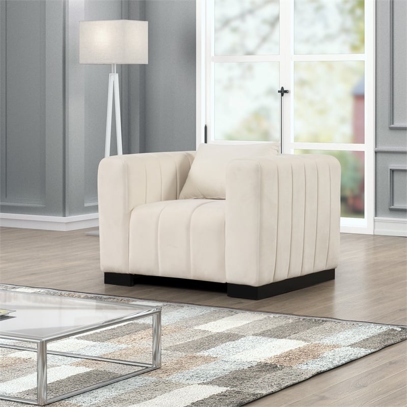 Pemberly Row 3-PC Living Room Furniture Velvet Fabric Sofa+2-Armchairs Set-Beige