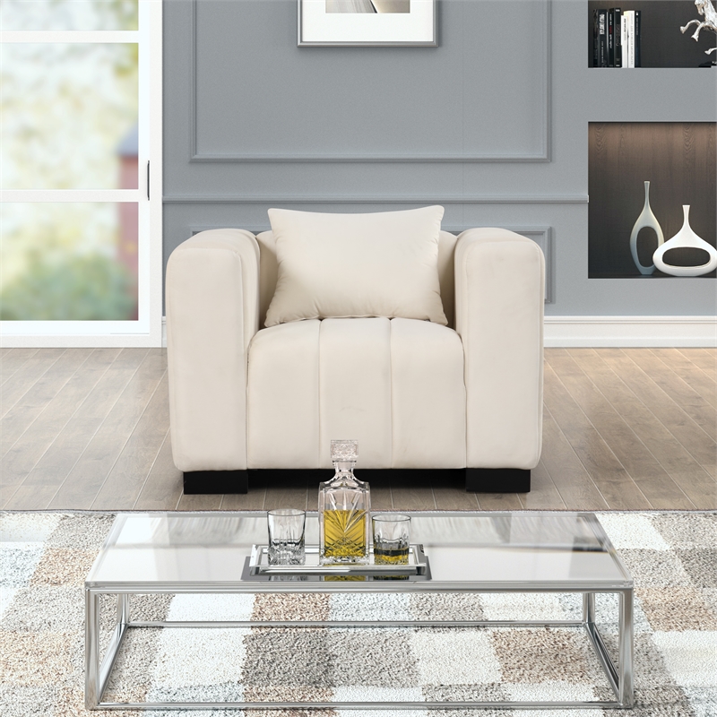 Pemberly Row 3-PC Living Room Furniture Velvet Fabric Sofa+2-Armchairs Set-Beige