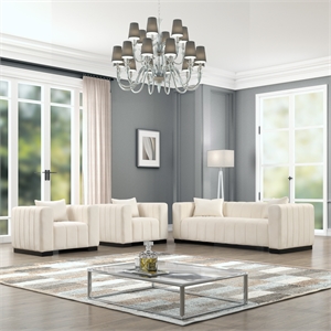 Pemberly Row 3-PC Living Room Furniture Velvet Fabric Sofa+2-Armchairs Set-Beige