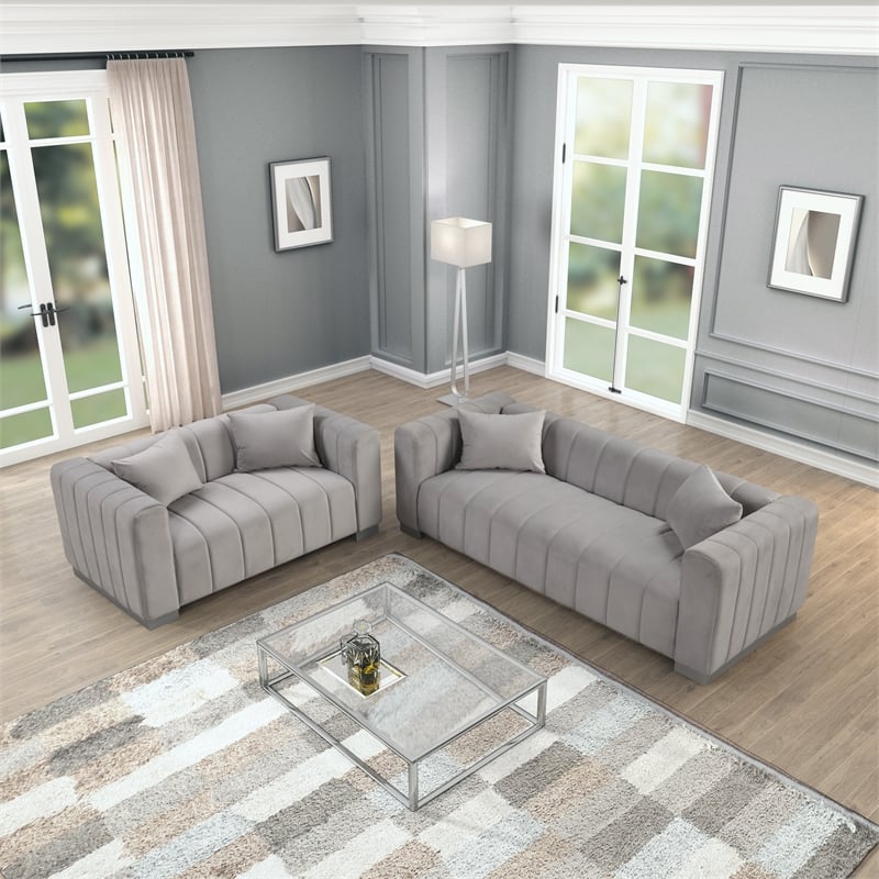 Pemberly Row 2-Piece Living Room Furniture Velvet Sofa+Loveseat Set-Light Gray