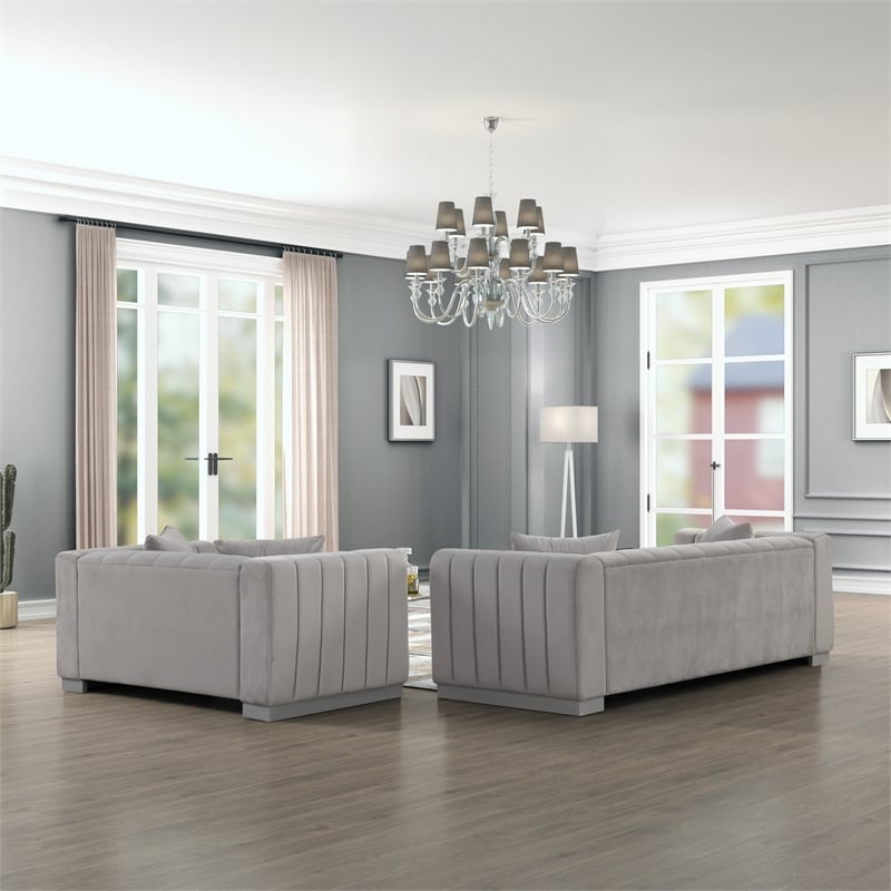 Pemberly Row 2-Piece Living Room Furniture Velvet Sofa+Loveseat Set-Light Gray