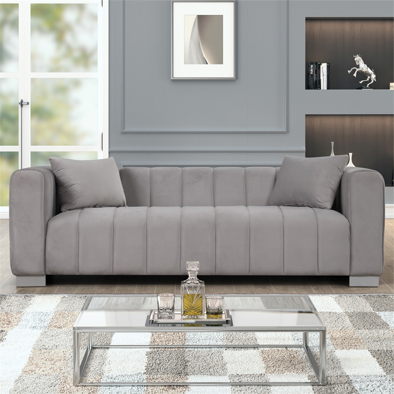 Pemberly Row 2-Piece Living Room Furniture Velvet Sofa+Loveseat Set-Light Gray