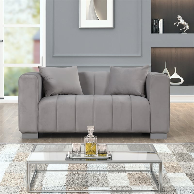 Pemberly Row 2-Piece Living Room Furniture Velvet Sofa+Loveseat Set-Light Gray