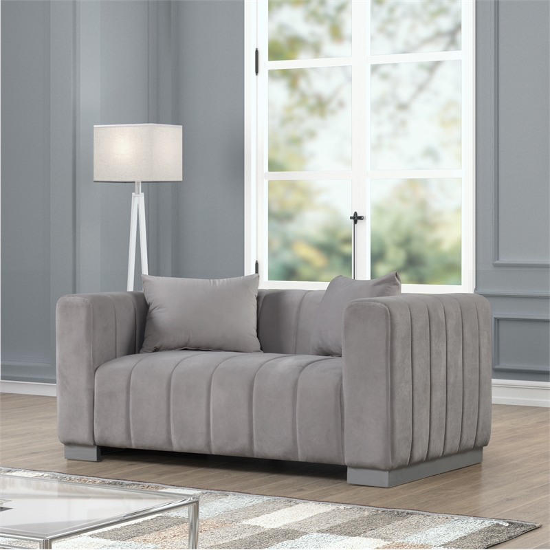 Pemberly Row 2-Piece Living Room Furniture Velvet Sofa+Loveseat Set-Light Gray