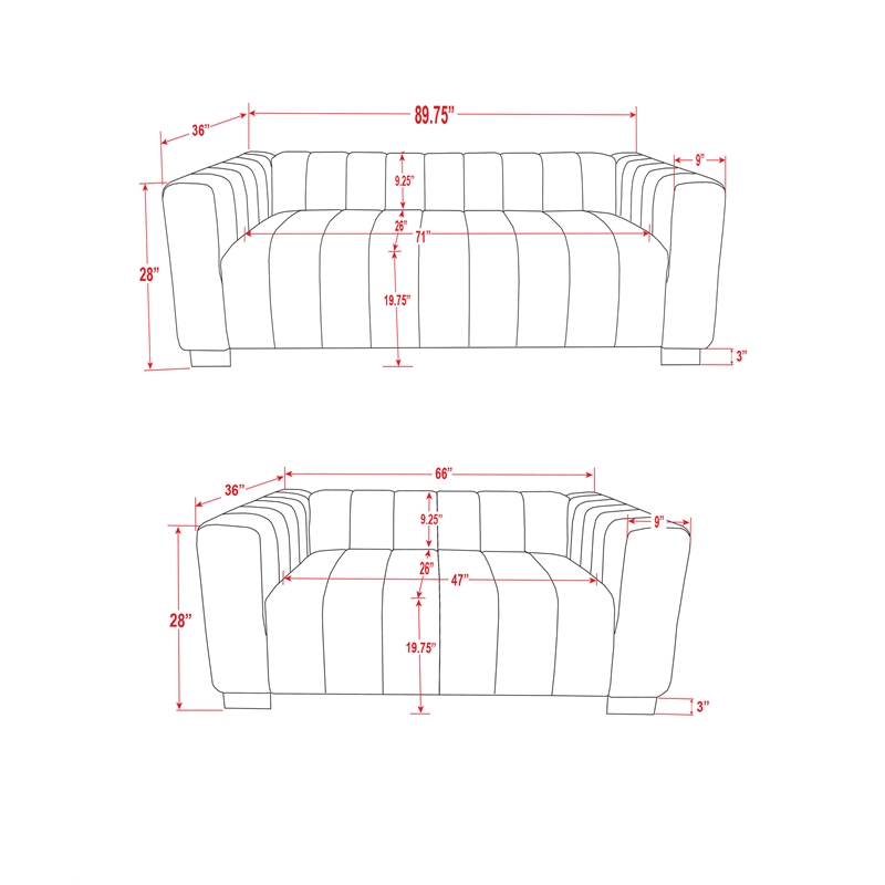 Pemberly Row 2-Piece Living Room Furniture Velvet Sofa+Loveseat Set-Light Gray