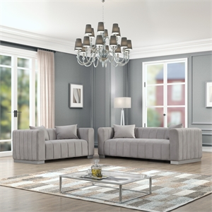 Pemberly Row 2-Piece Living Room Furniture Velvet Sofa+Loveseat Set-Light Gray