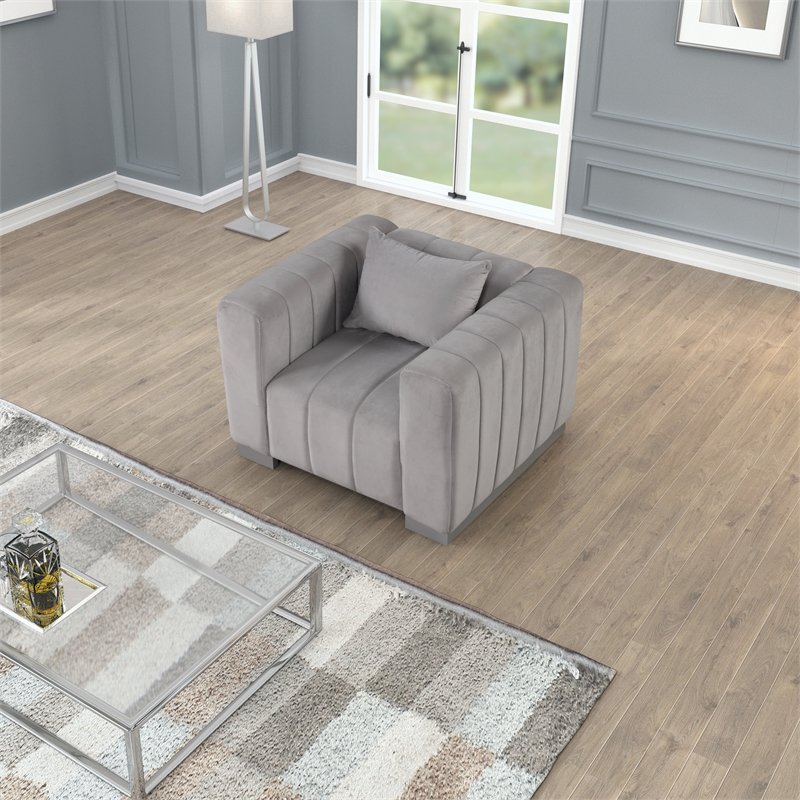 Pemberly Row 3-PC Living Room Furniture Velvet Sofa+2-Armchairs Set-Light Gray