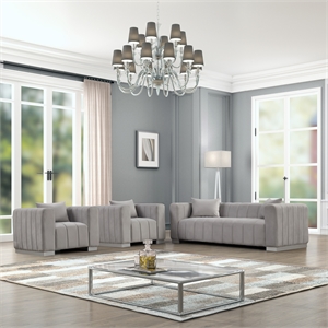 Pemberly Row 3-PC Living Room Furniture Velvet Sofa+2-Armchairs Set-Light Gray