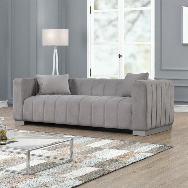 Pemberly Row 2-PC Living Room Furniture Velvet Fabric Sofa+Chair Set-Light Gray