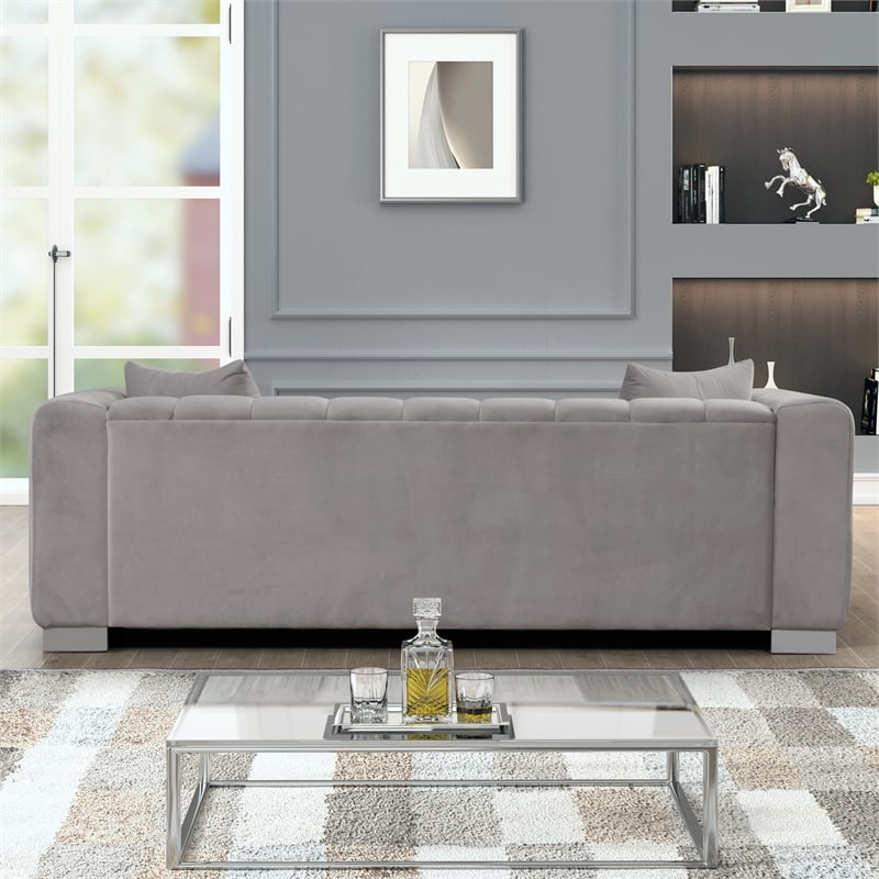 Pemberly Row 2-PC Living Room Furniture Velvet Fabric Sofa+Chair Set-Light Gray