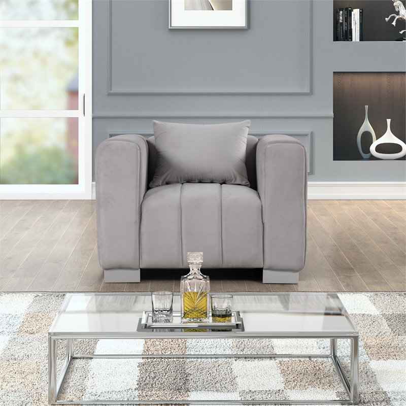 Pemberly Row 2-PC Living Room Furniture Velvet Fabric Sofa+Chair Set-Light Gray