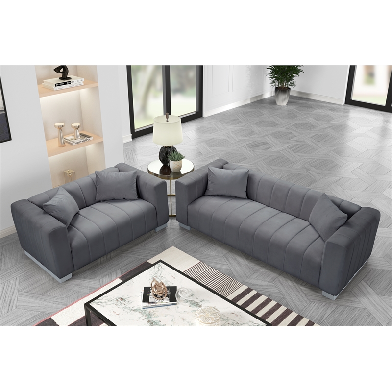 Pemberly Row 2-Piece Living Room Furniture Velvet Sofa+Loveseat Set-Gray
