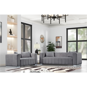 Pemberly Row 2-Piece Living Room Furniture Velvet Sofa+Loveseat Set-Gray