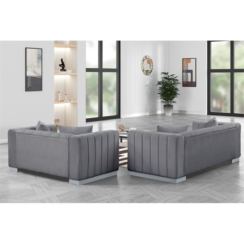 Pemberly Row 3-PC Living Room Furniture Velvet Sofa+Loveseat+Armchair Set-Gray