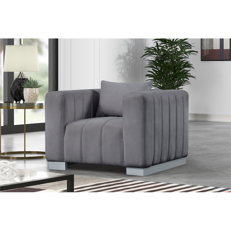 Pemberly Row 3-PC Living Room Furniture Velvet Sofa+Loveseat+Armchair Set-Gray