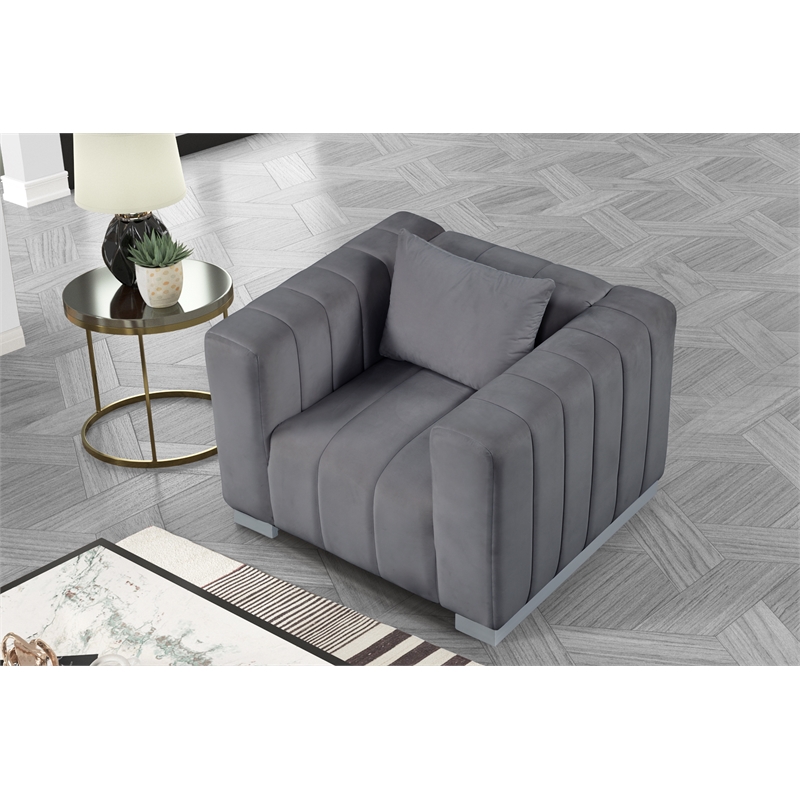 Pemberly Row 3-PC Living Room Furniture Velvet Sofa+Loveseat+Armchair Set-Gray