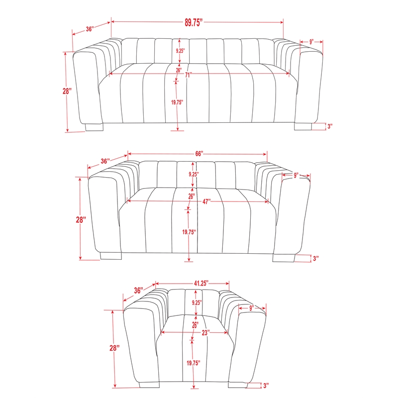 Pemberly Row 3-PC Living Room Furniture Velvet Sofa+Loveseat+Armchair Set-Gray