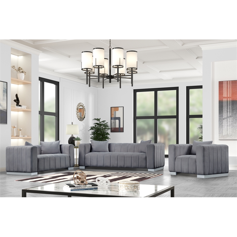 Pemberly Row 3-PC Living Room Furniture Velvet Sofa+Loveseat+Armchair Set-Gray